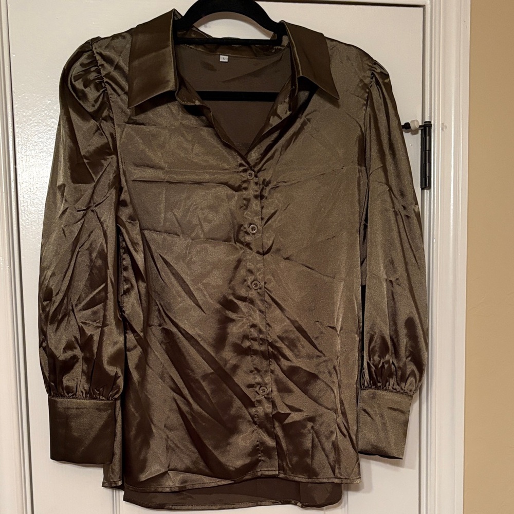 Olive Satin Button-Up Blouse